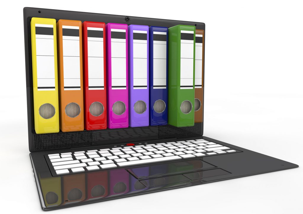 Image of a laptop computer with colorful binders of files on the screen.